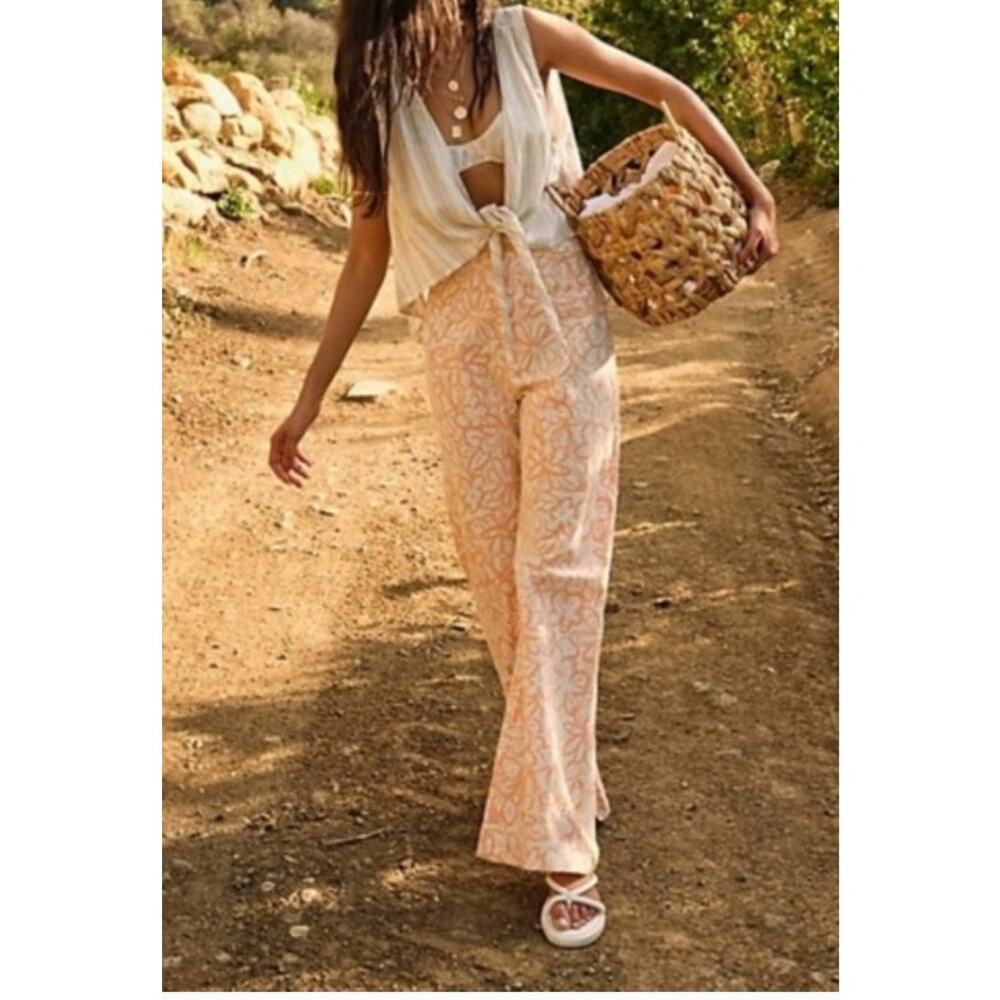 Free People Love So Right Wide-Leg Cotton Pants Floral Cream/Peach Size 4 NWT